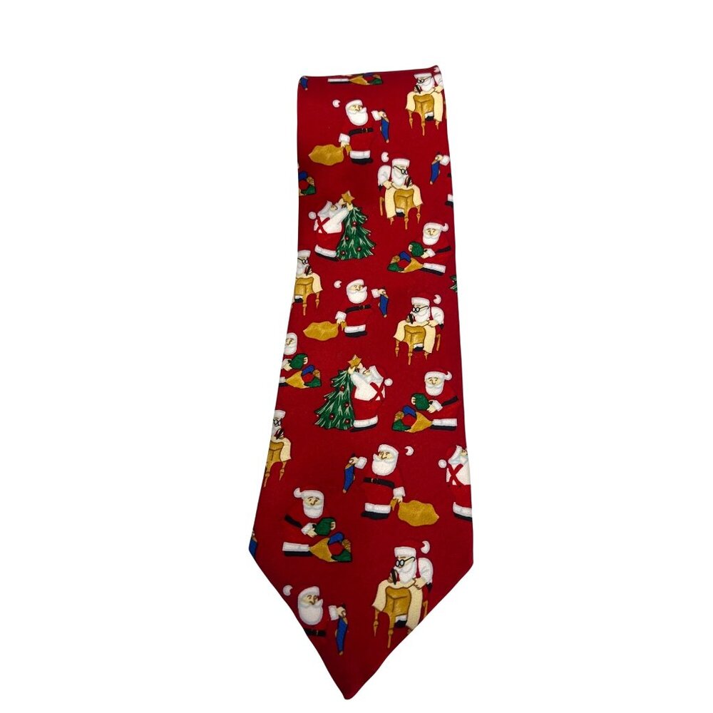 Santa Claus Christmas Tie With Festive Holiday Print - Red Silk 39d